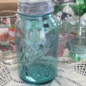 Antique blue ball jar. Perfect Mason. Zinc Ball lid.  Nearly one 100 yea…